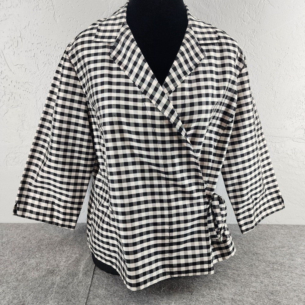 Emma James Black White Gingham 100% Silk Wrap Blouse Side Tie Career Size 10